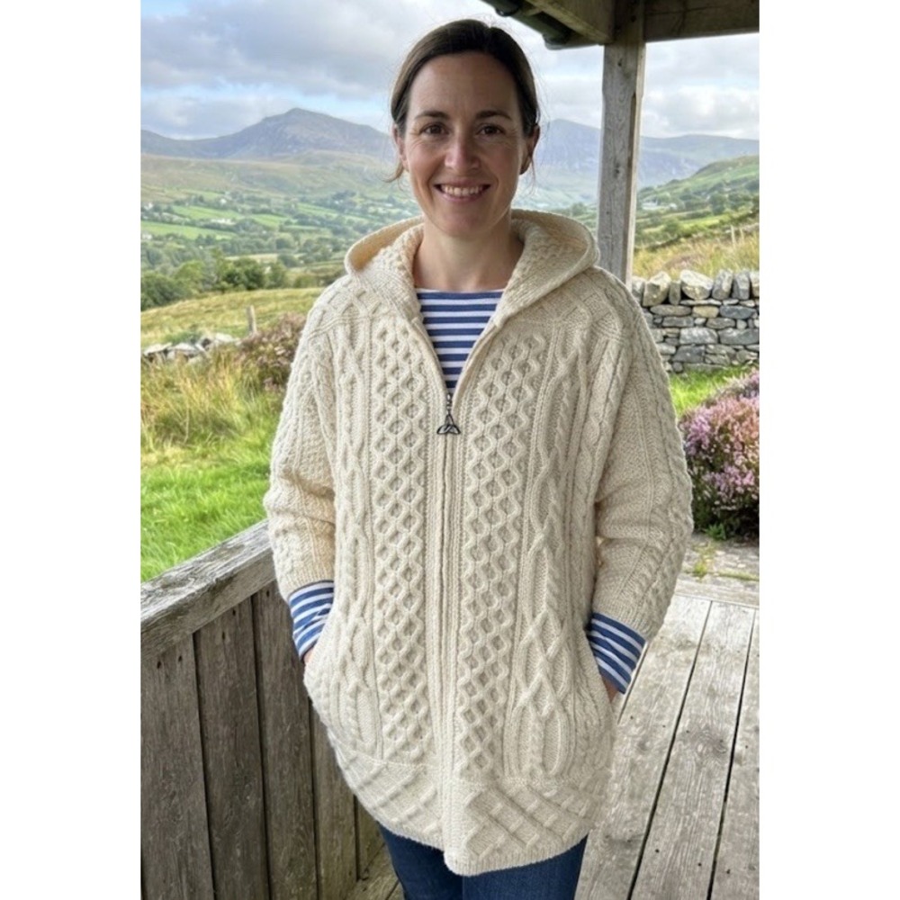 Aran Crafts Zip Hoodie Women XL Merino Wool Cable 3D Knit Sweater Fisherman